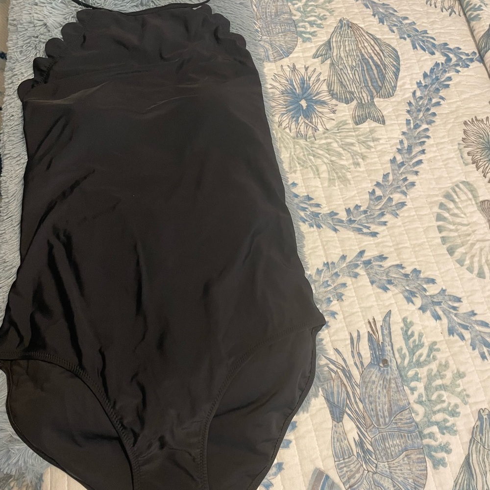 Black one piece high neck scalloped top one piece bathing suit NEW